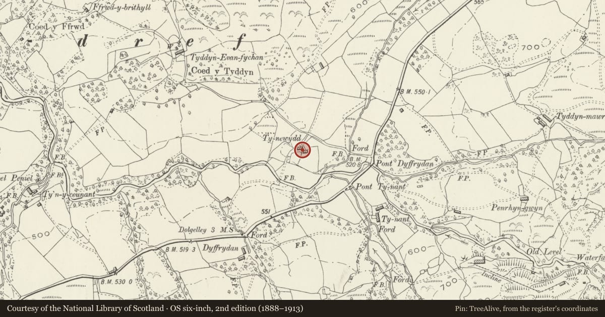 Ordnance Survey six-inch map, 2nd edition (1888–1913) covering the location of Ty Newydd Farmhouse, Arthog, Gwynedd, with a pin at the register's coordinates
