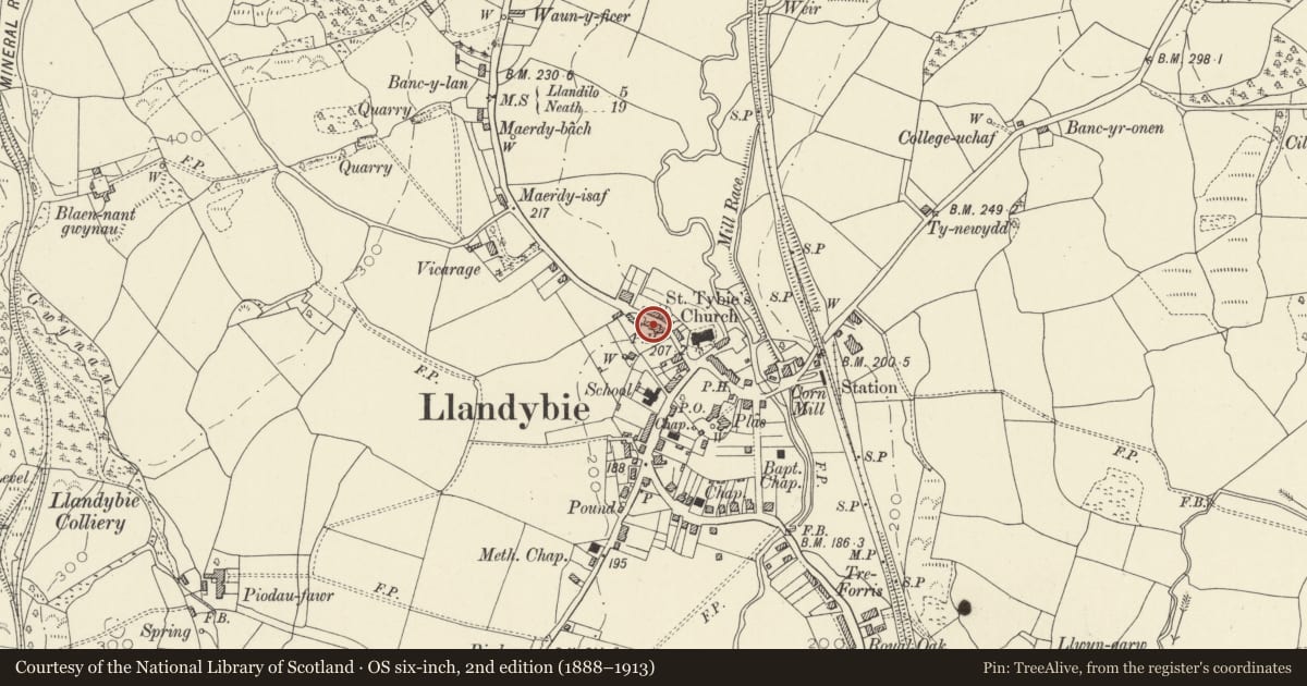 Ordnance Survey six-inch map, 2nd edition (1888–1913) covering the location of The Red Lion Inn, Llandybie, Carmarthenshire, with a pin at the register's coordinates