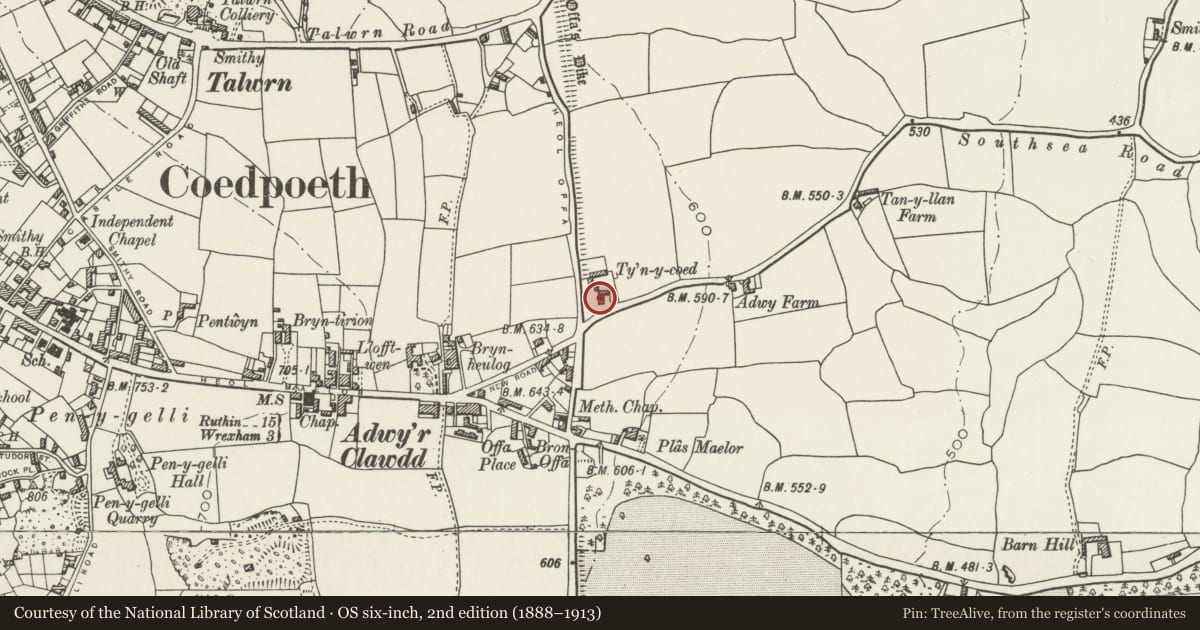 Ordnance Survey six-inch map, 2nd edition (1888–1913) covering the location of Tyn-y-Coed, Coedpoeth, Wrexham, with a pin at the register's coordinates