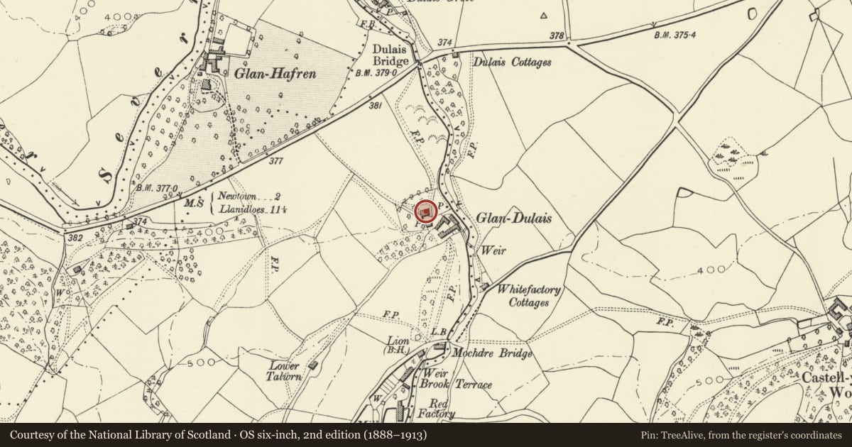Ordnance Survey six-inch map, 2nd edition (1888–1913) covering the location of Glandulais Farmhouse, Mochdre, Powys, with a pin at the register's coordinates