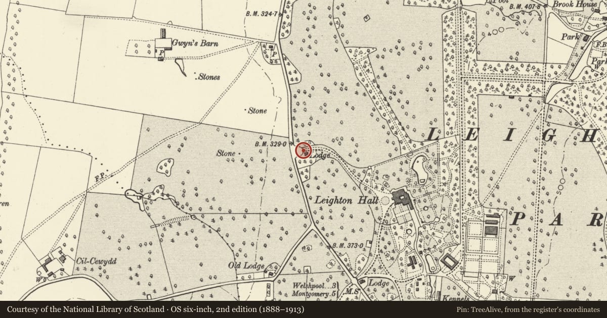 Ordnance Survey six-inch map, 2nd edition (1888–1913) covering the location of Archways, Gates and Forecourt Walls at the Principal NW Entrance to Leighton Hall, Forden with Leighton and Trelystan, Powys, with a pin at the register's coordinates