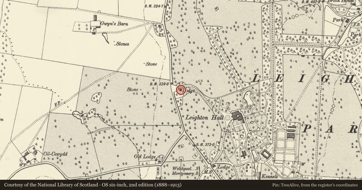 Ordnance Survey six-inch map, 2nd edition (1888–1913) covering the location of Front Lodge, Forden with Leighton and Trelystan, Powys, with a pin at the register's coordinates