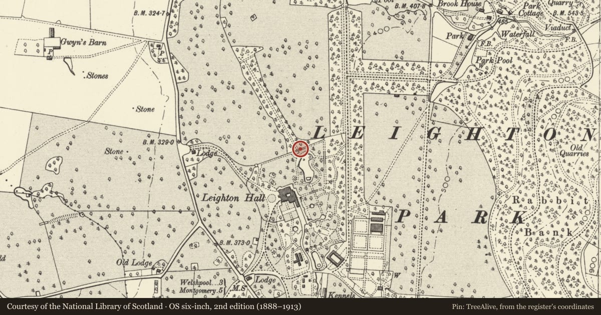 Ordnance Survey six-inch map, 2nd edition (1888–1913) covering the location of Footbridge and boundary wall on N side of Leighton Hall, Forden with Leighton and Trelystan, Powys, with a pin at the register's coordinates
