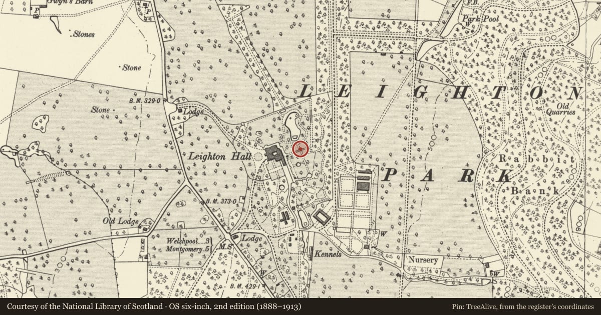 Ordnance Survey six-inch map, 2nd edition (1888–1913) covering the location of Footbridge E of Leighton Hall Tower, Forden with Leighton and Trelystan, Powys, with a pin at the register's coordinates