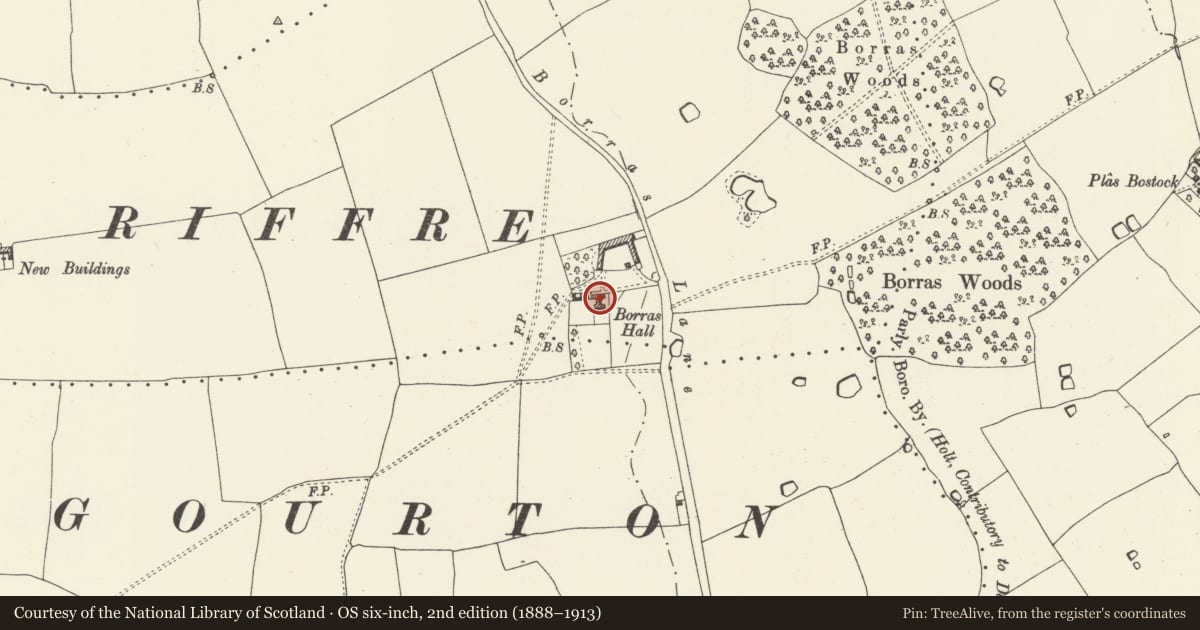 Ordnance Survey six-inch map, 2nd edition (1888–1913) covering the location of Borras Hall, Holt, Wrexham, with a pin at the register's coordinates