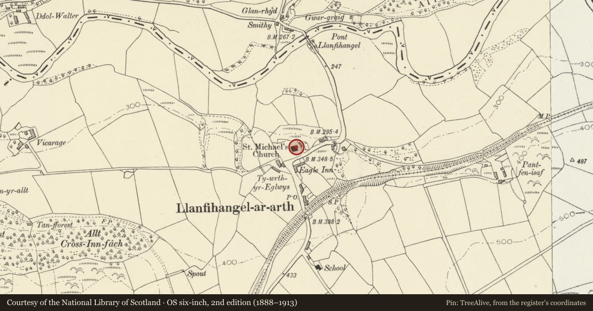 Ordnance Survey six-inch map, 2nd edition (1888–1913) covering the location of Church of St Michael, Llanfihangel-ar-Arth, Carmarthenshire, with a pin at the register's coordinates