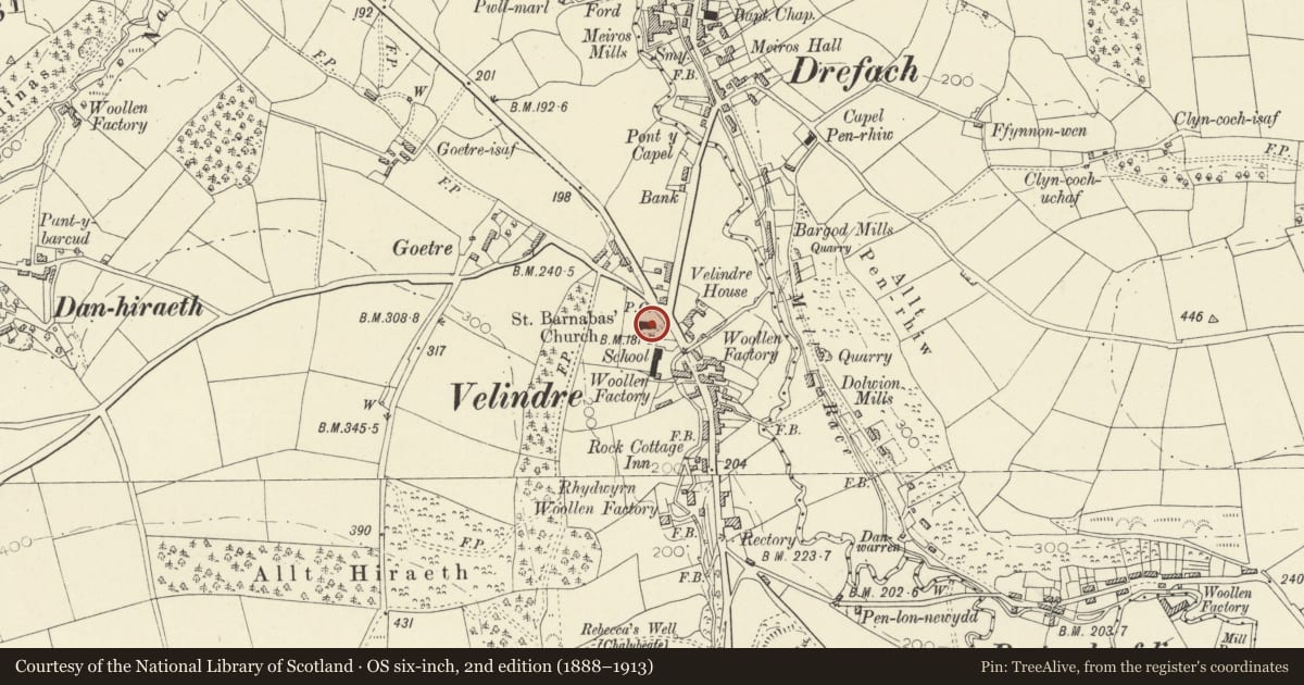 Ordnance Survey six-inch map, 2nd edition (1888–1913) covering the location of Church of St Barnabas, Llangeler, Carmarthenshire, with a pin at the register's coordinates