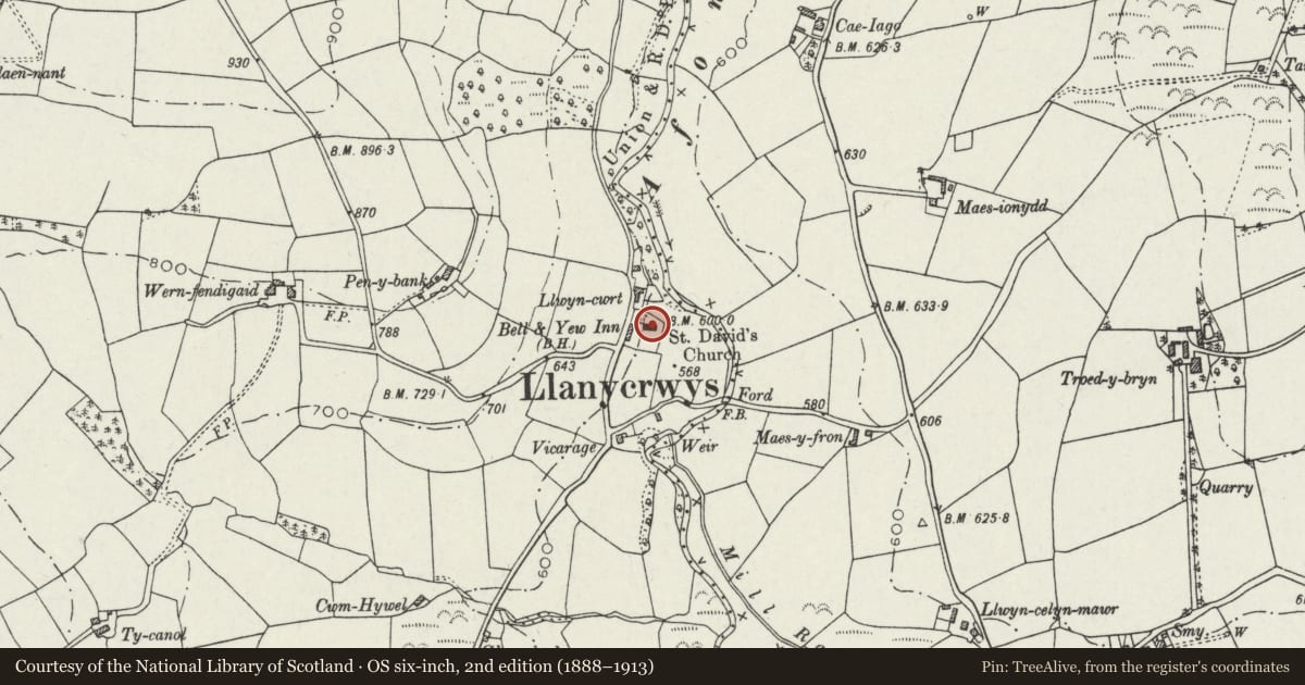 Ordnance Survey six-inch map, 2nd edition (1888–1913) covering the location of Church of St David, Llanycrwys, Carmarthenshire, with a pin at the register's coordinates