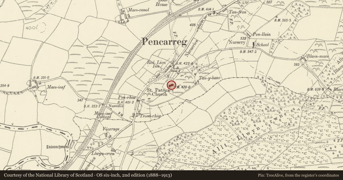 Ordnance Survey six-inch map, 2nd edition (1888–1913) covering the location of Church of St Patrick, Pencarreg, Carmarthenshire, with a pin at the register's coordinates