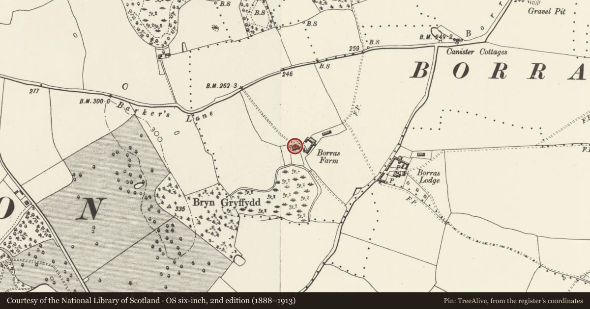 Ordnance Survey six-inch map, 2nd edition (1888–1913) covering the location of Borras Farm, Holt, Wrexham, with a pin at the register's coordinates