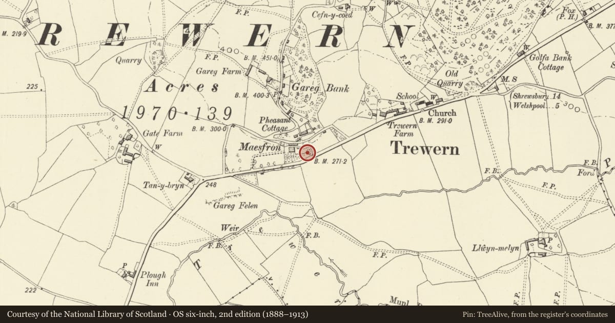 Ordnance Survey six-inch map, 2nd edition (1888–1913) covering the location of Grotto at Maesfron, Trewern, Powys, with a pin at the register's coordinates