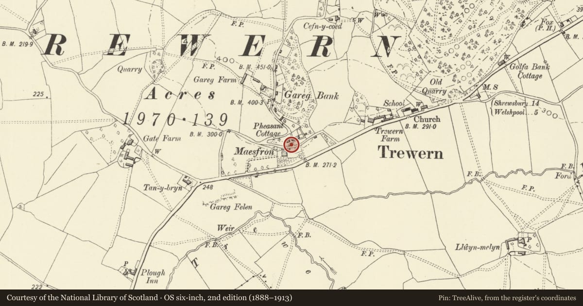 Ordnance Survey six-inch map, 2nd edition (1888–1913) covering the location of Outbuilding at the Olde Post Office, Trewern, Powys, with a pin at the register's coordinates