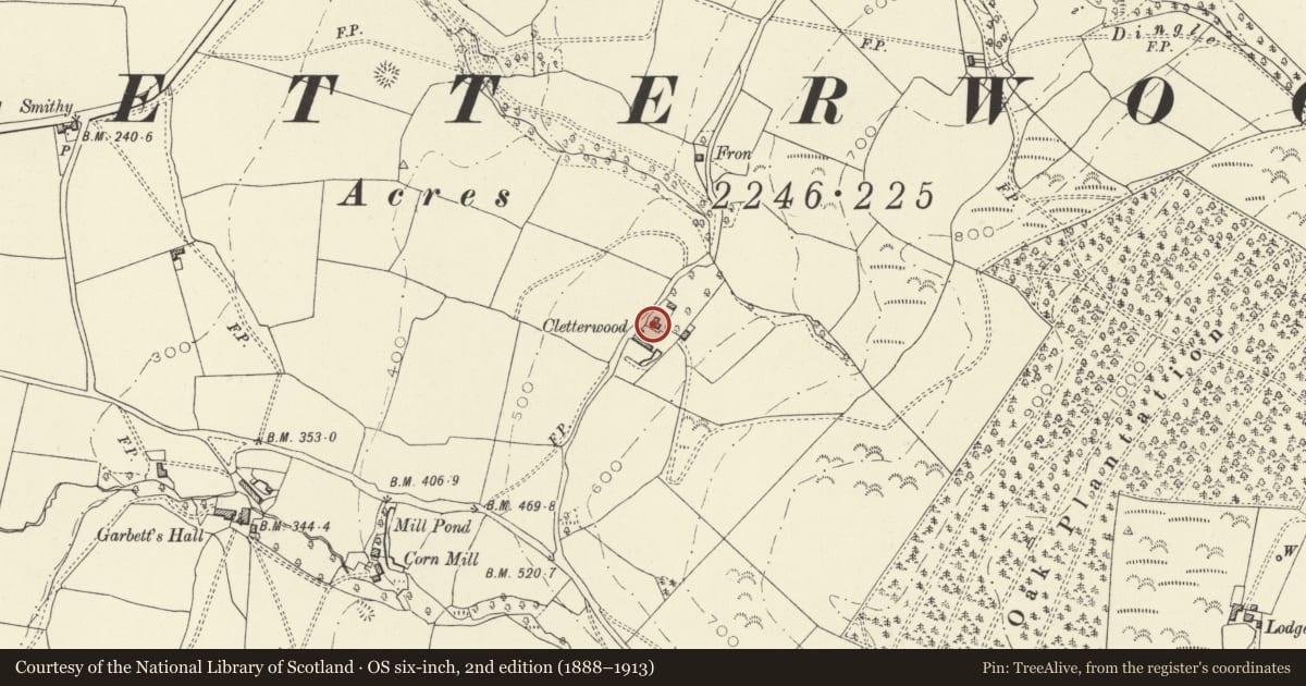 Ordnance Survey six-inch map, 2nd edition (1888–1913) covering the location of Cletterwood Farmhouse, Trewern, Powys, with a pin at the register's coordinates