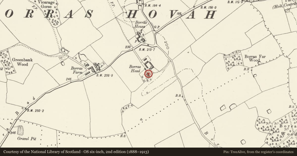 Ordnance Survey six-inch map, 2nd edition (1888–1913) covering the location of Borras Head, Holt, Wrexham, with a pin at the register's coordinates