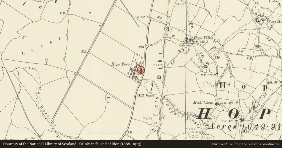 Ordnance Survey six-inch map, 2nd edition (1888–1913) covering the location of Hope Farmhouse, Trewern, Powys, with a pin at the register's coordinates