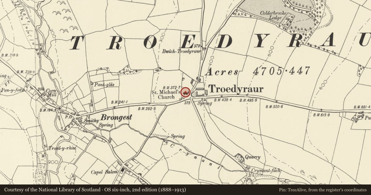 Ordnance Survey six-inch map, 2nd edition (1888–1913) covering the location of Church of St Michael, Troedyraur, Ceredigion, with a pin at the register's coordinates