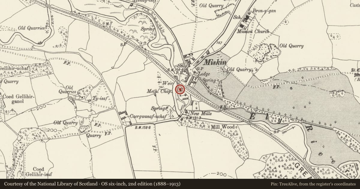 Ordnance Survey six-inch map, 2nd edition (1888–1913) covering the location of Chapel House, Pont-y-Clun, Rhondda Cynon Taff, with a pin at the register's coordinates