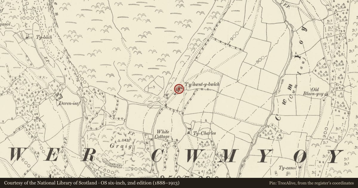 Ordnance Survey six-inch map, 2nd edition (1888–1913) covering the location of Ty-Hwnt-y-Bwlch Farmhouse, Crucorney, Monmouthshire, with a pin at the register's coordinates