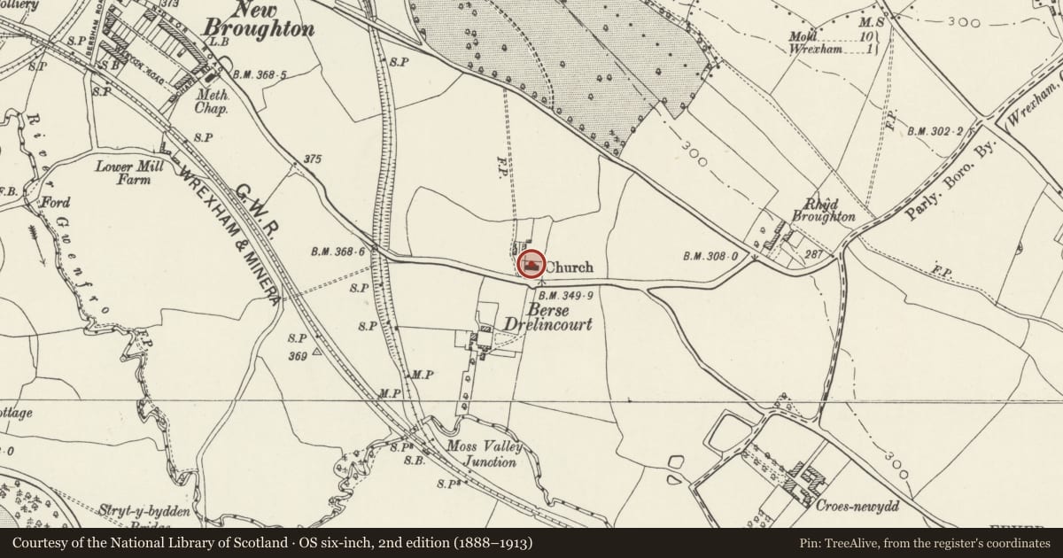 Ordnance Survey six-inch map, 2nd edition (1888–1913) covering the location of Berse Drelincourt Church, Broughton, Wrexham, with a pin at the register's coordinates