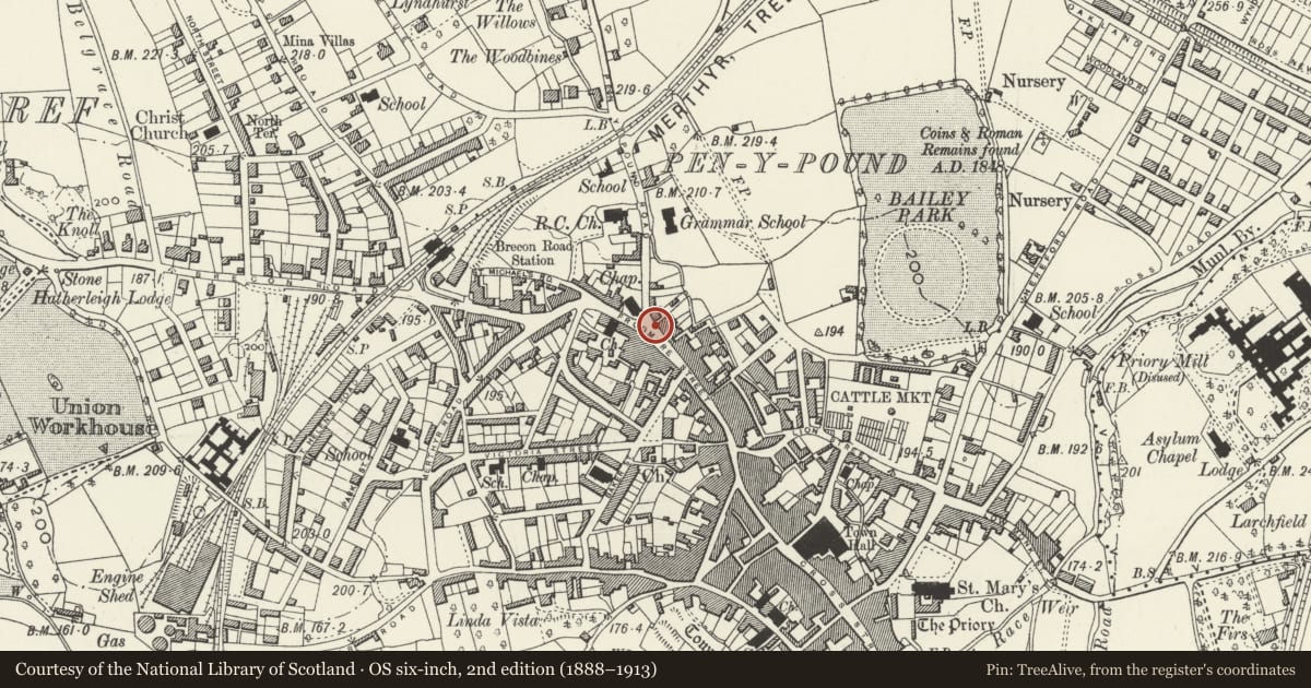Ordnance Survey six-inch map, 2nd edition (1888–1913) covering the location of War Memorial, Abergavenny, Monmouthshire, with a pin at the register's coordinates
