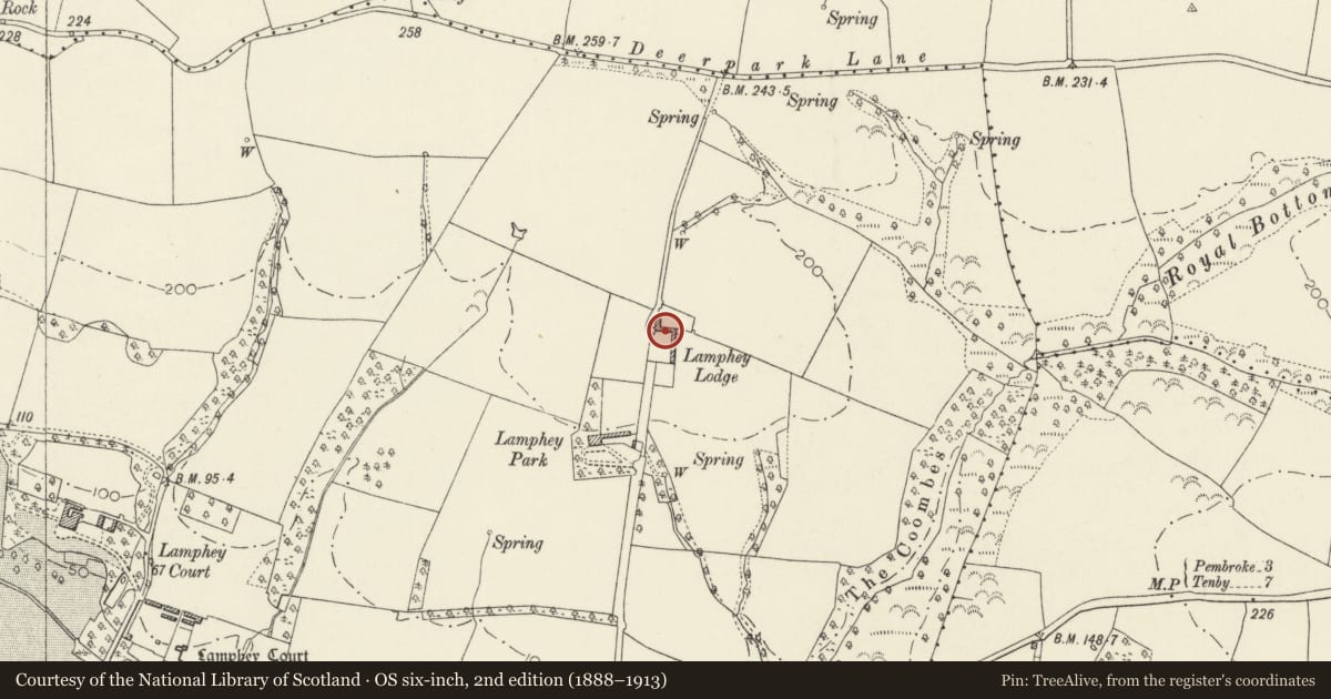Ordnance Survey six-inch map, 2nd edition (1888–1913) covering the location of Four Mediaeval House at Upper Lamphey Park Farm, Pembrokeshire, with a pin at the register's coordinates