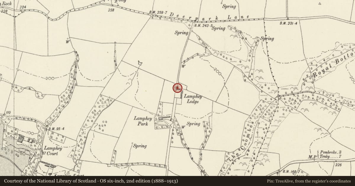 Ordnance Survey six-inch map, 2nd edition (1888–1913) covering the location of Barn at Upper Lamphey Barn, Pembrokeshire, with a pin at the register's coordinates