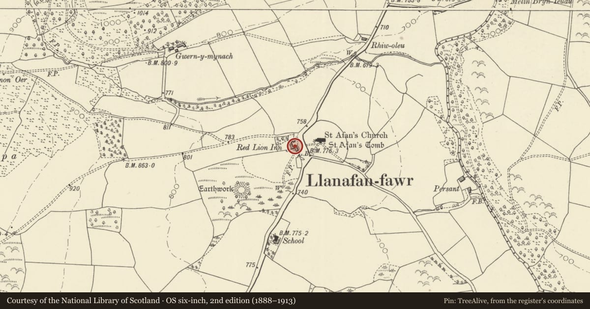Ordnance Survey six-inch map, 2nd edition (1888–1913) covering the location of Red Lion Inn, Llanafanfawr, Powys, with a pin at the register's coordinates