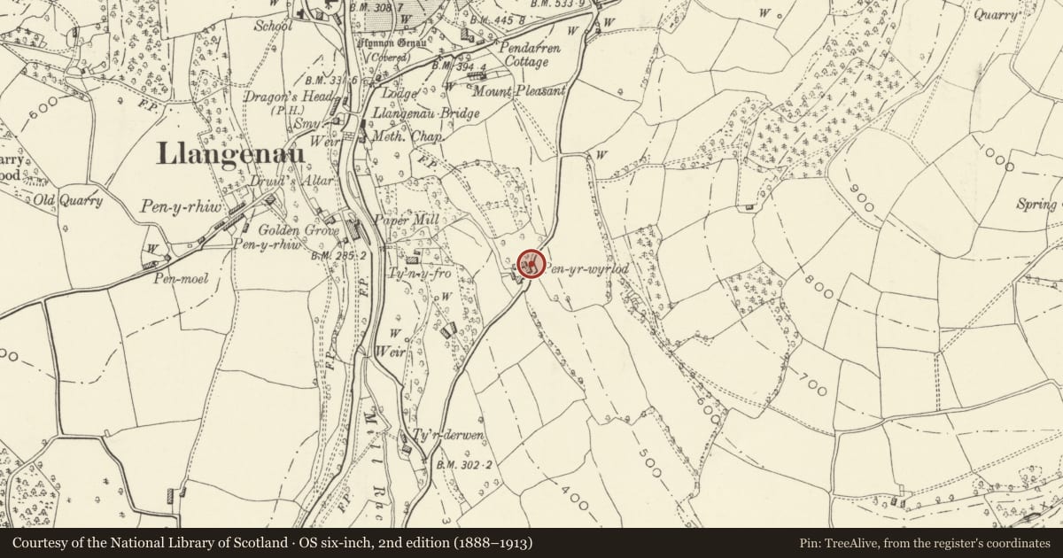 Ordnance Survey six-inch map, 2nd edition (1888–1913) covering the location of House and Barn at Pen-yr-wyrlod, The Vale of Grwyney, Powys, with a pin at the register's coordinates