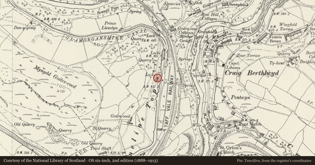Ordnance Survey six-inch map, 2nd edition (1888–1913) covering the location of Lock House, Abercynon, Rhondda Cynon Taff, with a pin at the register's coordinates