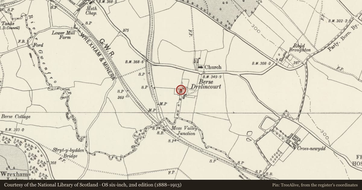 Ordnance Survey six-inch map, 2nd edition (1888–1913) covering the location of Berse Vicarage with Flanking Walls to Garden, Broughton, Wrexham, with a pin at the register's coordinates