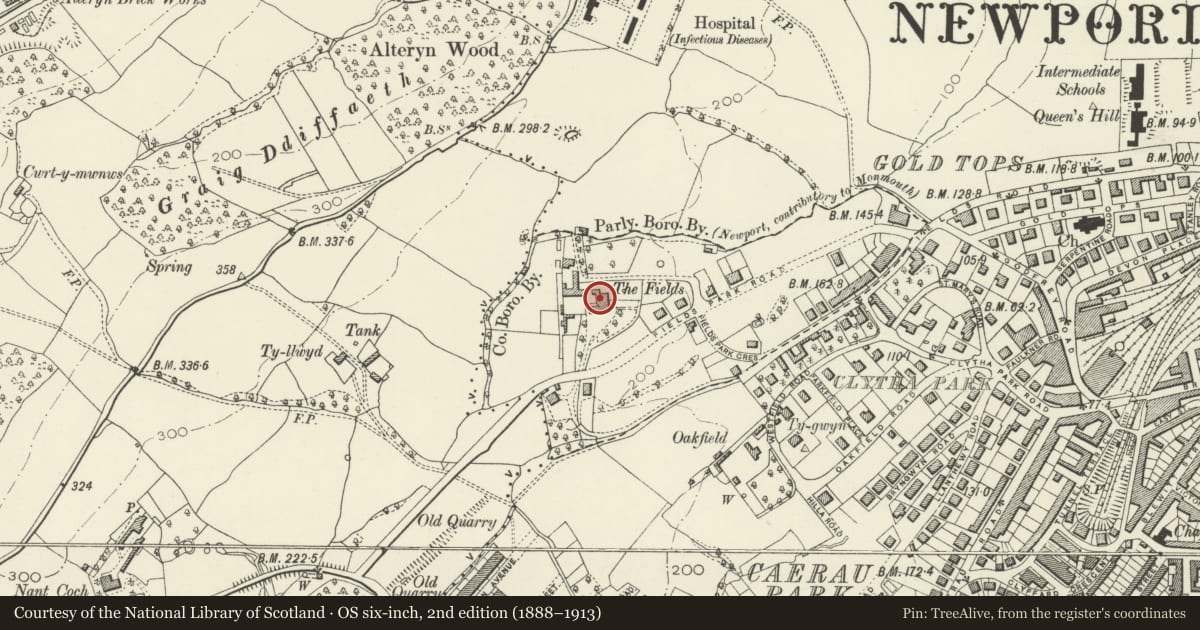 Ordnance Survey six-inch map, 2nd edition (1888–1913) covering the location of 18 Fields Park Avenue, Allt-yr-Yn, Newport, with a pin at the register's coordinates