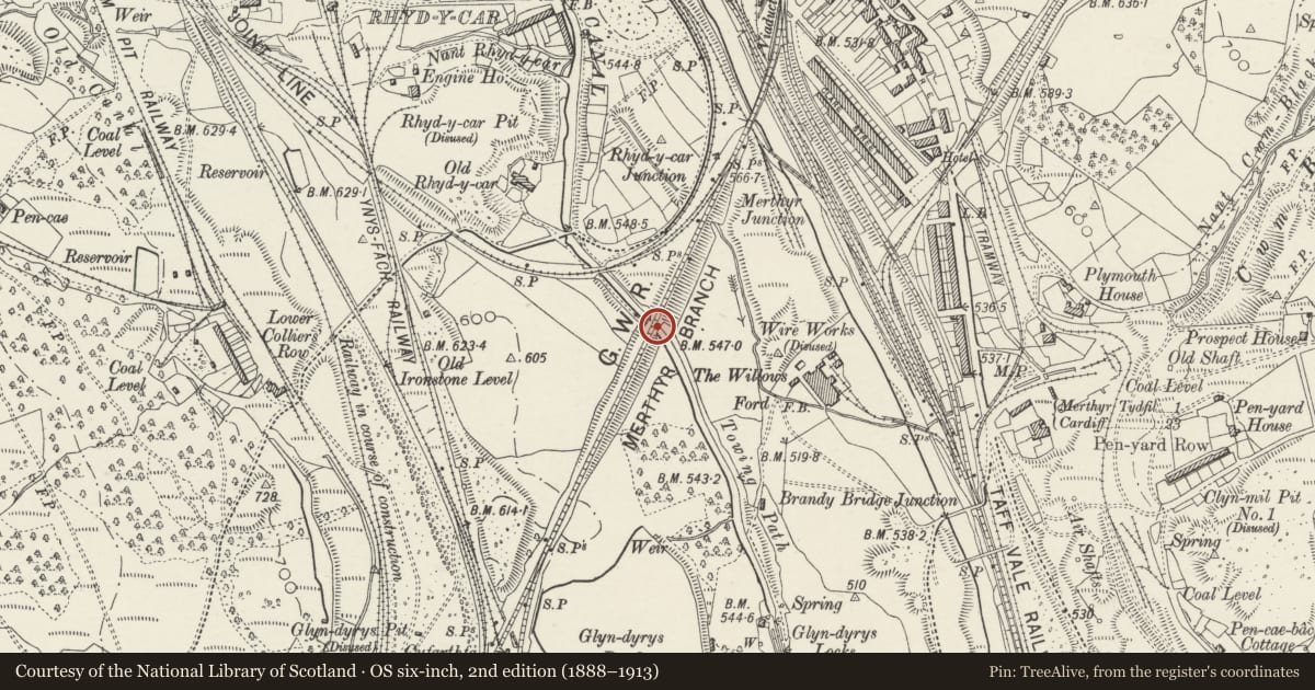 Ordnance Survey six-inch map, 2nd edition (1888–1913) covering the location of Rhydycar Skew Bridge, Troed-y-Rhiw, Merthyr Tydfil, with a pin at the register's coordinates