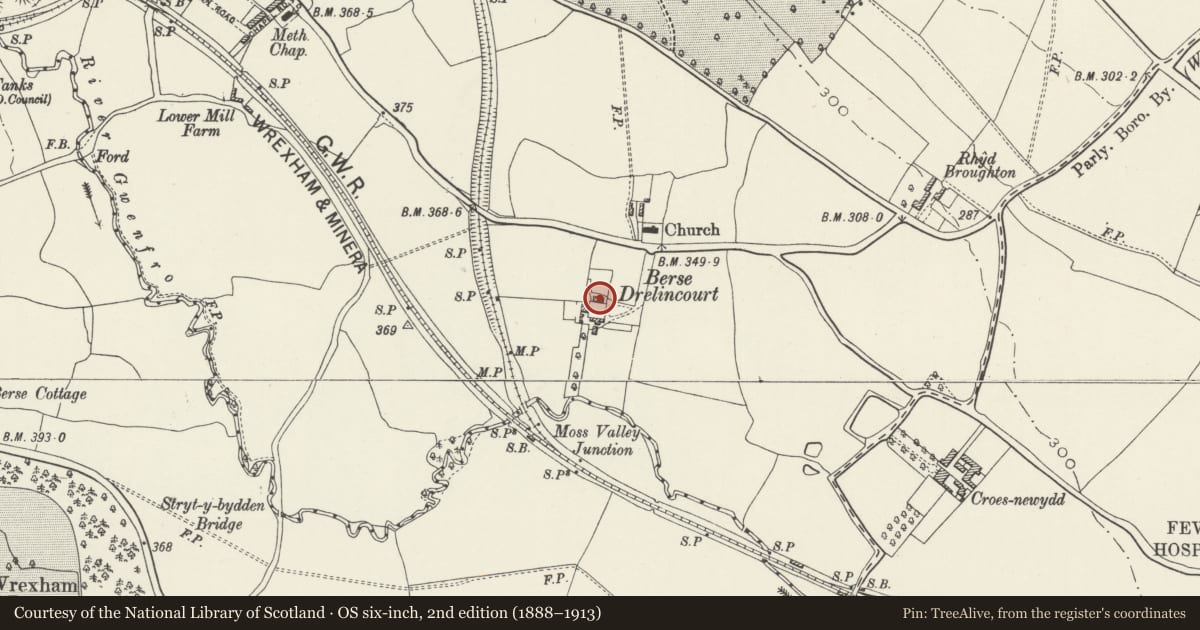 Ordnance Survey six-inch map, 2nd edition (1888–1913) covering the location of Orphanage, Broughton, Wrexham, with a pin at the register's coordinates