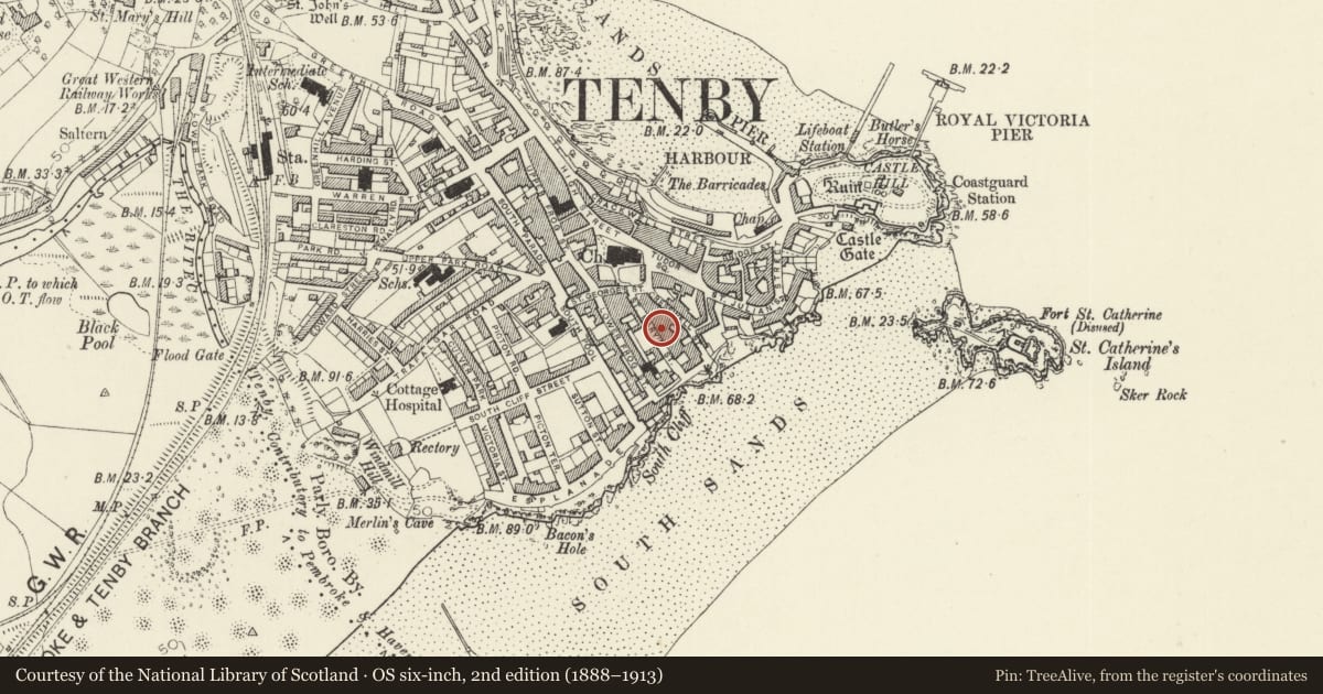 Ordnance Survey six-inch map, 2nd edition (1888–1913) covering the location of St Mary's House, Tenby, Pembrokeshire, with a pin at the register's coordinates