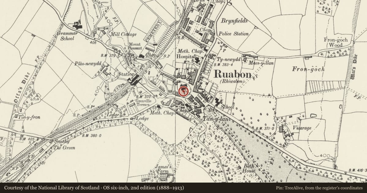 Ordnance Survey six-inch map, 2nd edition (1888–1913) covering the location of Sundial on the Churchyard to Church of St Mary, Ruabon, Wrexham, with a pin at the register's coordinates