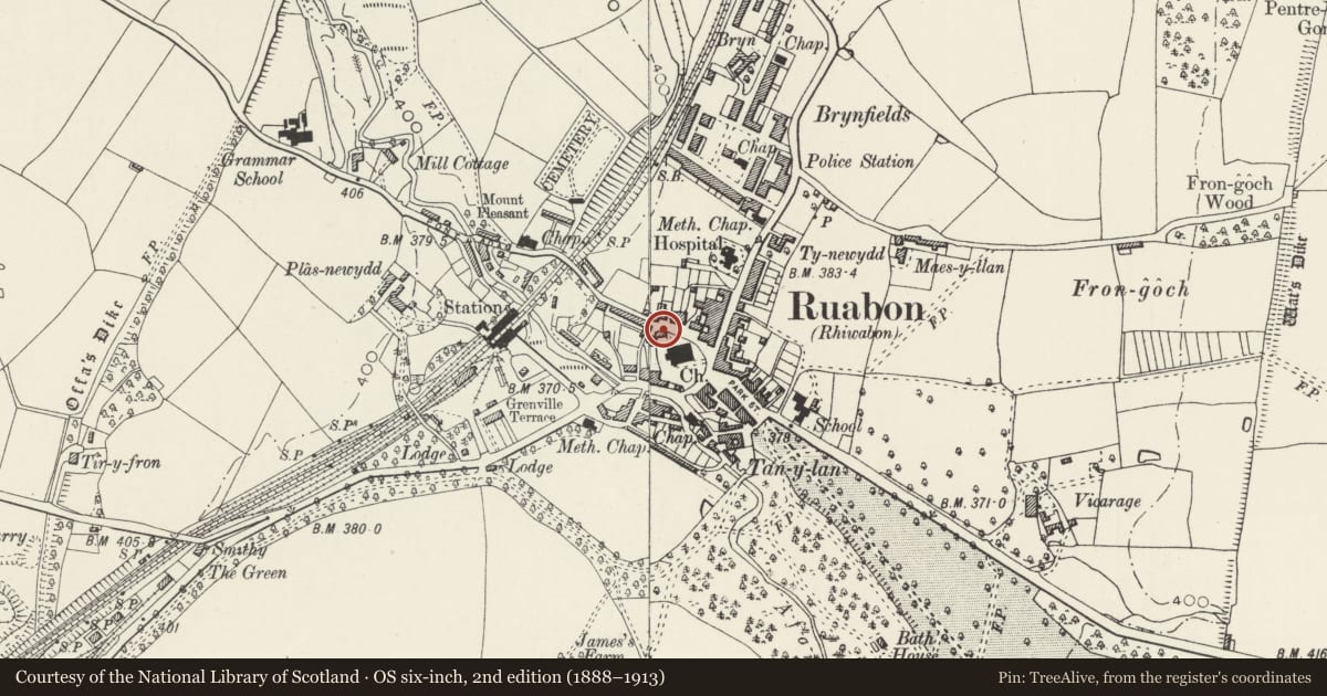 Ordnance Survey six-inch map, 2nd edition (1888–1913) covering the location of Hearse Shed, Ruabon, Wrexham, with a pin at the register's coordinates