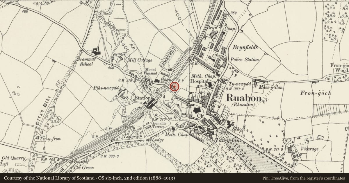 Ordnance Survey six-inch map, 2nd edition (1888–1913) covering the location of Almshouse, Ruabon, Wrexham, with a pin at the register's coordinates
