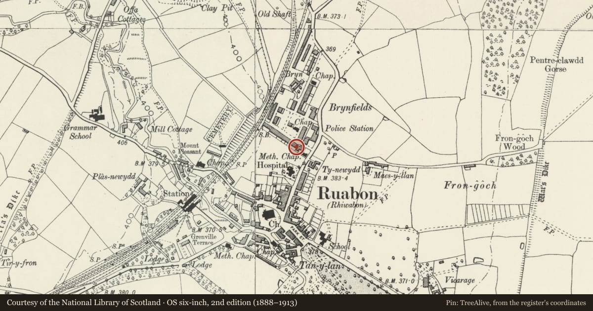 Ordnance Survey six-inch map, 2nd edition (1888–1913) covering the location of Oaklands (including attached forecourt walls and gatepiers), Ruabon, Wrexham, with a pin at the register's coordinates