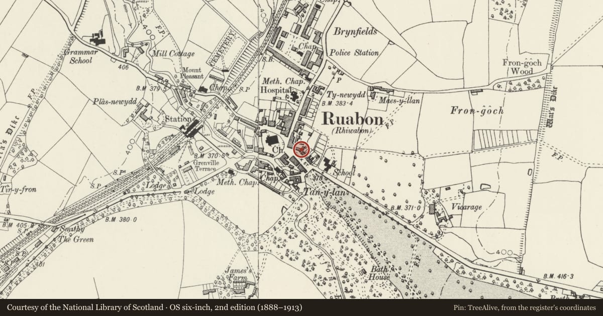 Ordnance Survey six-inch map, 2nd edition (1888–1913) covering the location of 2 Park Street, Ruabon, Wrexham, with a pin at the register's coordinates