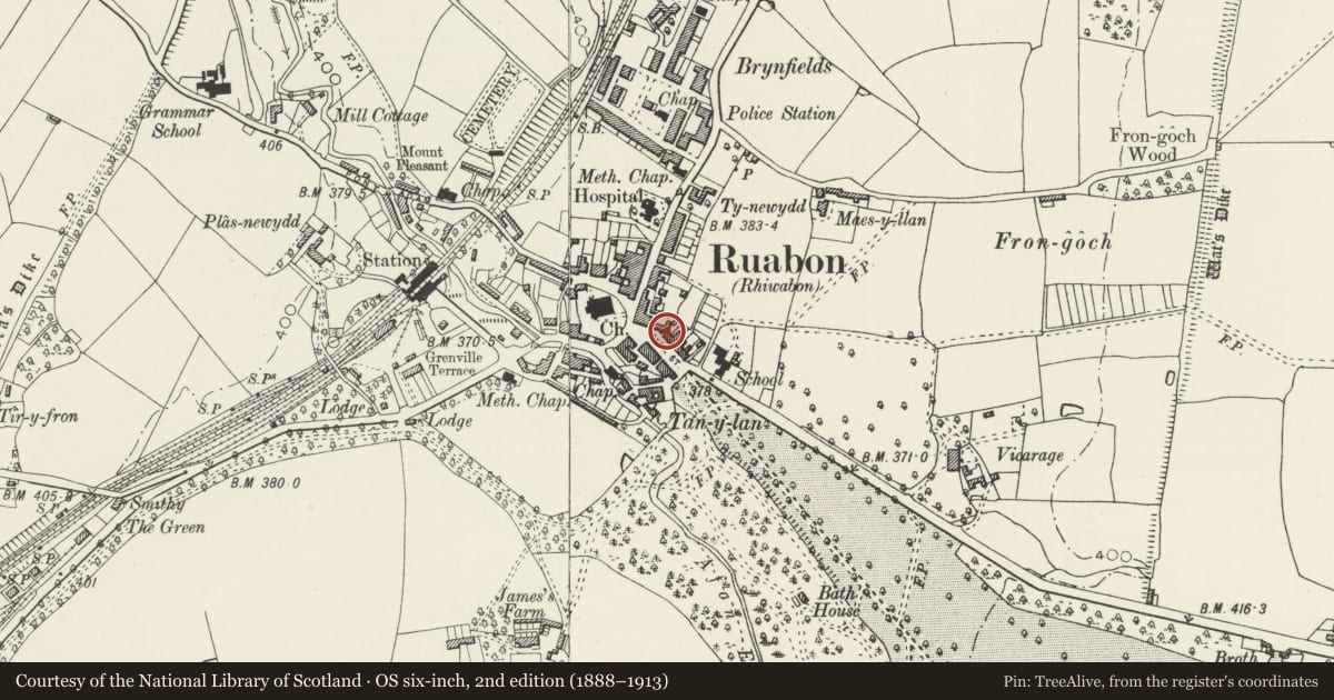 Ordnance Survey six-inch map, 2nd edition (1888–1913) covering the location of 3 Park Street, Ruabon, Wrexham, with a pin at the register's coordinates