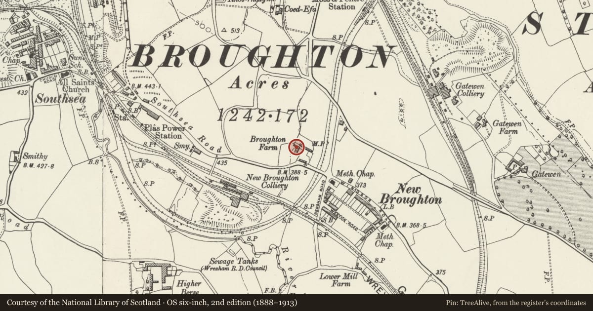 Ordnance Survey six-inch map, 2nd edition (1888–1913) covering the location of Millward House, Broughton, Wrexham, with a pin at the register's coordinates