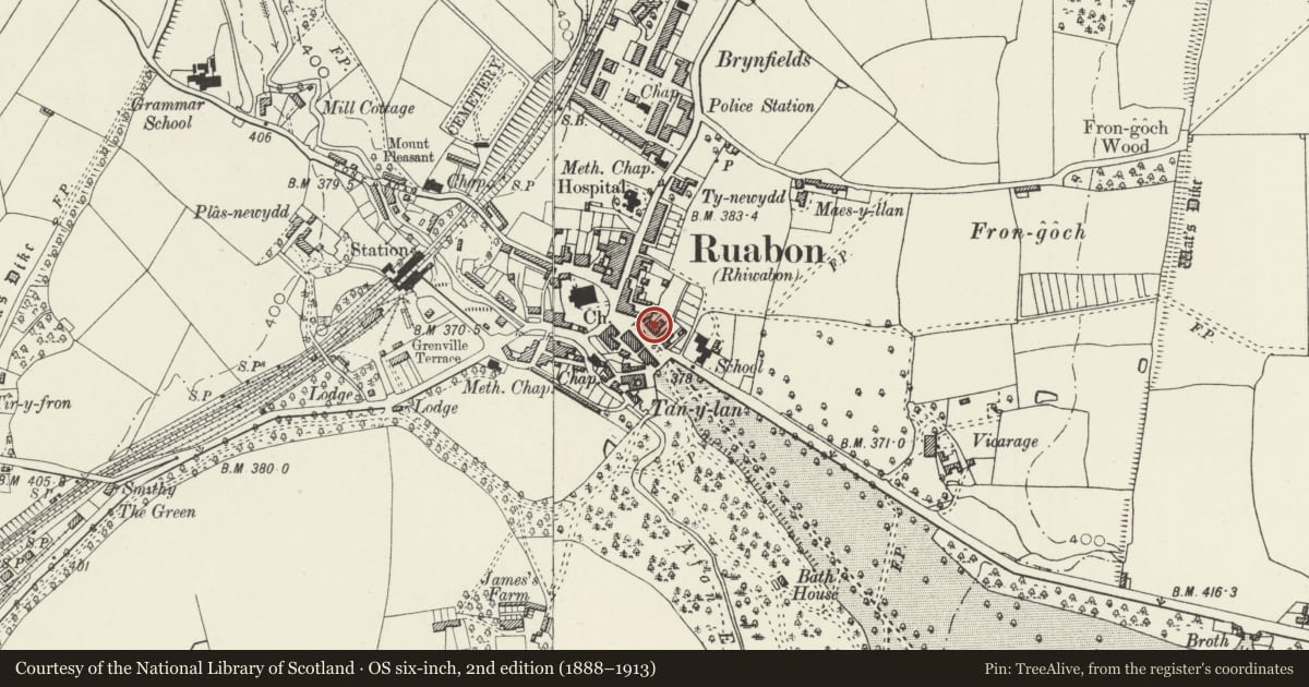 Ordnance Survey six-inch map, 2nd edition (1888–1913) covering the location of 6 Park Street, Ruabon, Wrexham, with a pin at the register's coordinates