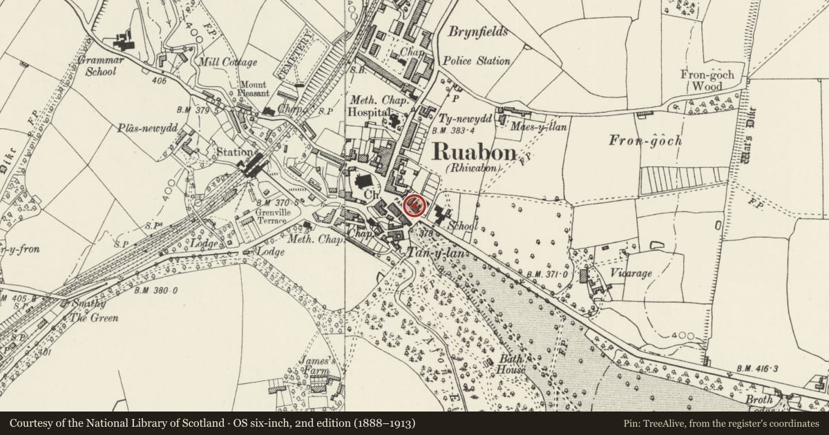Ordnance Survey six-inch map, 2nd edition (1888–1913) covering the location of 10 Park Street, Ruabon, Wrexham, with a pin at the register's coordinates