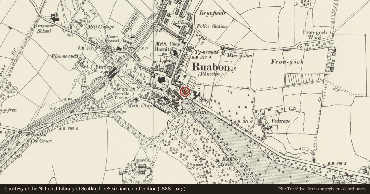 Ordnance Survey six-inch map, 2nd edition (1888–1913) covering the location of 12 Park Street, Ruabon, Wrexham, with a pin at the register's coordinates