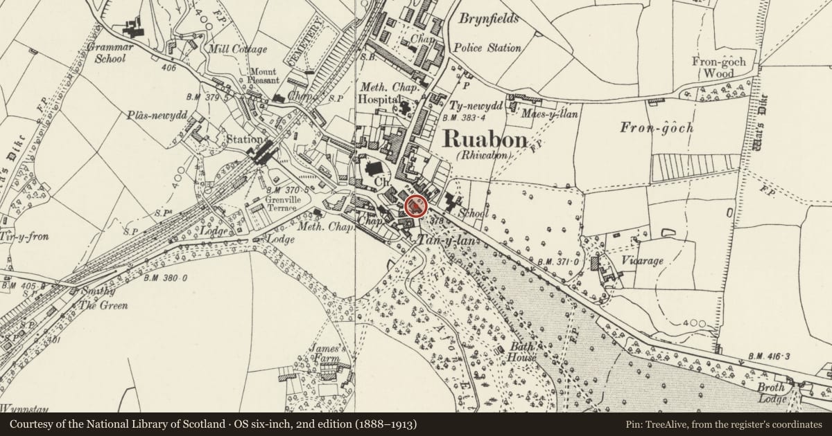 Ordnance Survey six-inch map, 2nd edition (1888–1913) covering the location of 14 Park Street, Ruabon, Wrexham, with a pin at the register's coordinates