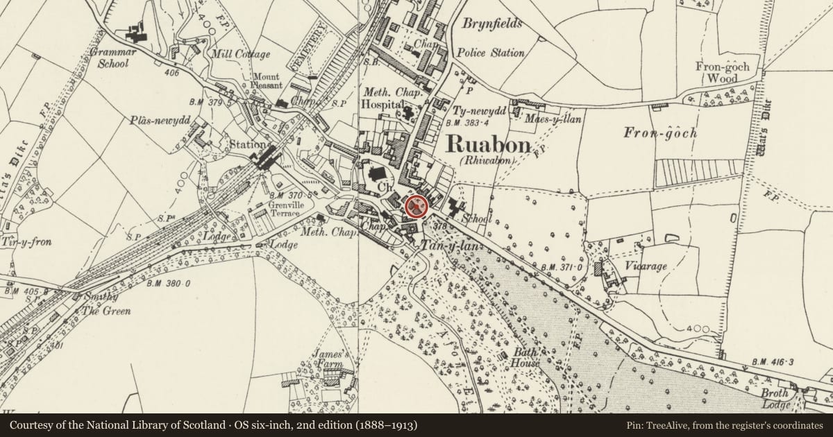 Ordnance Survey six-inch map, 2nd edition (1888–1913) covering the location of 16 Park Street, Ruabon, Wrexham, with a pin at the register's coordinates