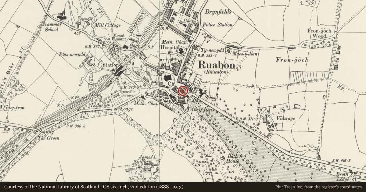 Ordnance Survey six-inch map, 2nd edition (1888–1913) covering the location of 19 Park Street, Ruabon, Wrexham, with a pin at the register's coordinates