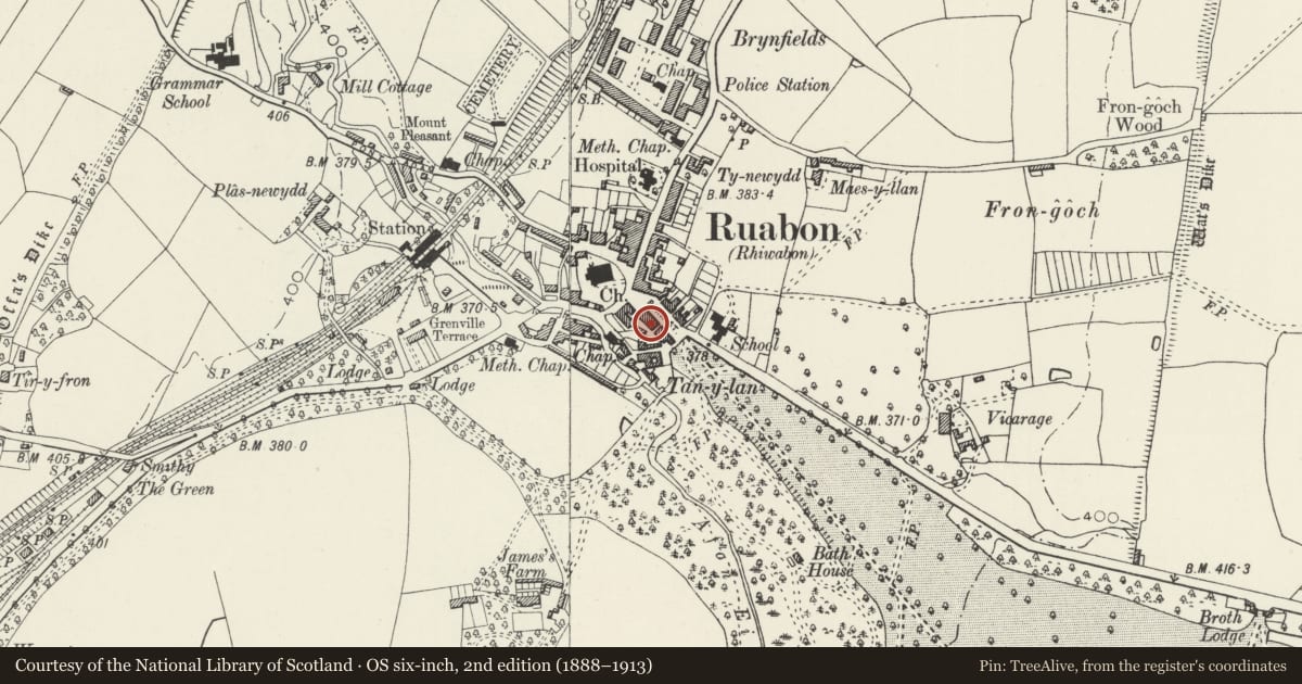 Ordnance Survey six-inch map, 2nd edition (1888–1913) covering the location of 20 Park Street, Ruabon, Wrexham, with a pin at the register's coordinates