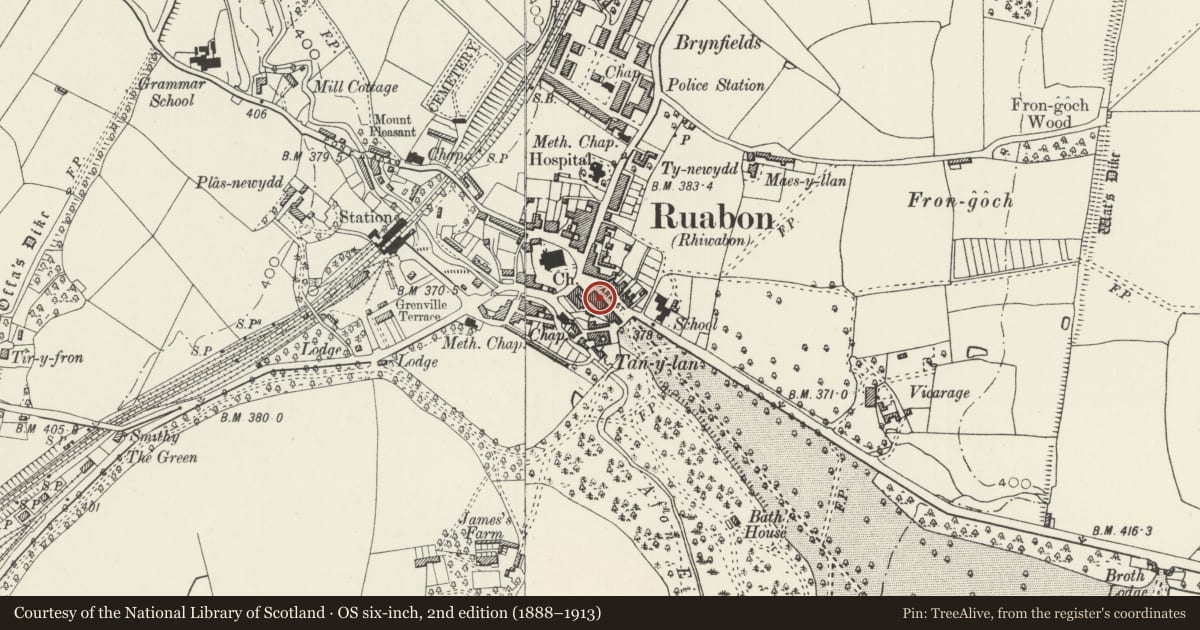 Ordnance Survey six-inch map, 2nd edition (1888–1913) covering the location of 21 Park Street, Ruabon, Wrexham, with a pin at the register's coordinates