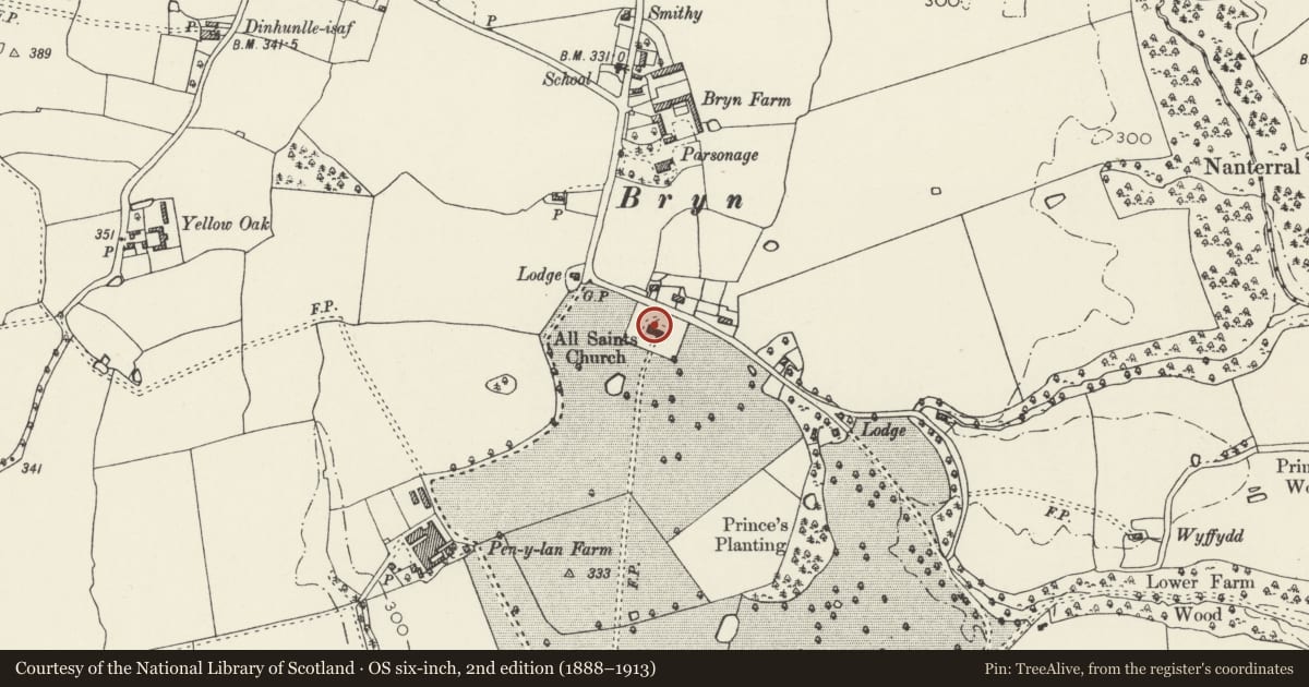 Ordnance Survey six-inch map, 2nd edition (1888–1913) covering the location of All Saints' Church, Ruabon, Wrexham, with a pin at the register's coordinates